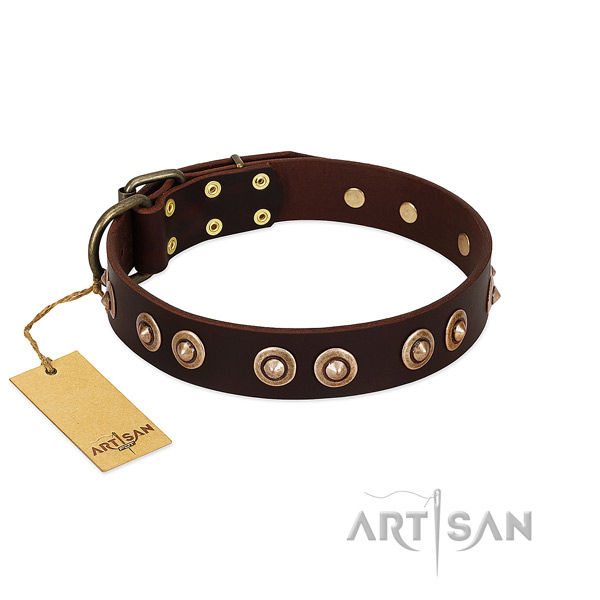 Strong adornments on natural genuine leather dog collar for your pet