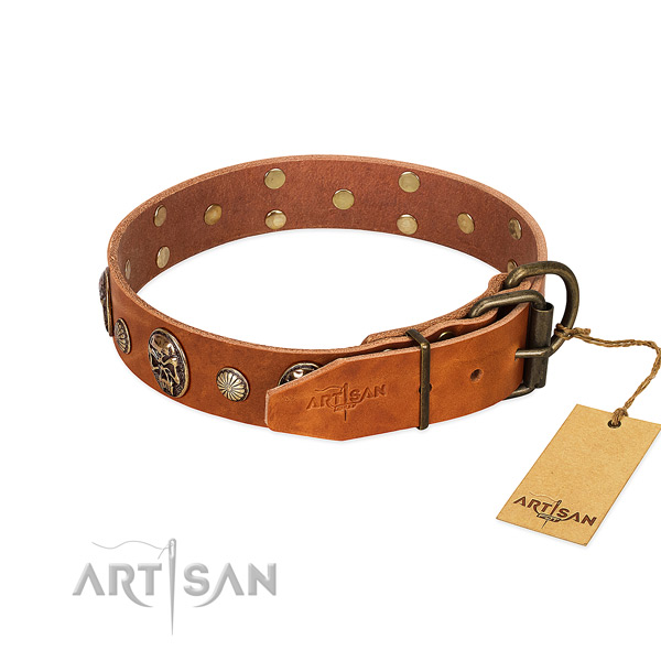 Rust resistant D-ring on full grain genuine leather collar for fancy walking your doggie