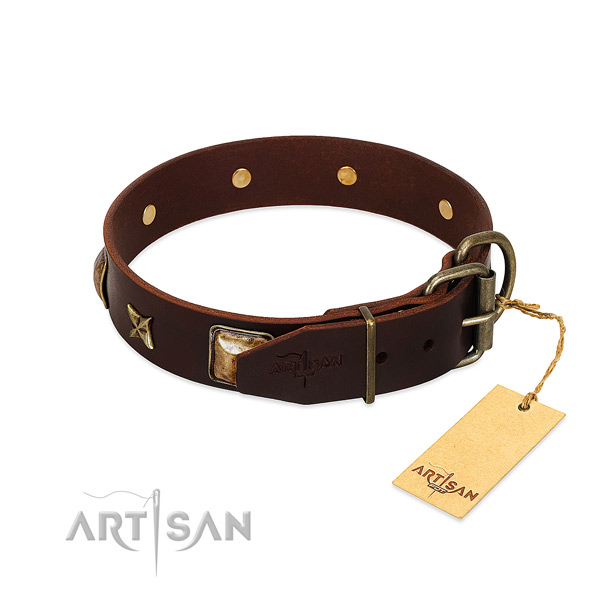 Natural genuine leather dog collar with corrosion proof fittings and embellishments