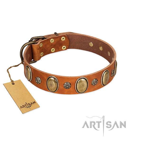 Easy wearing best quality genuine leather dog collar with decorations