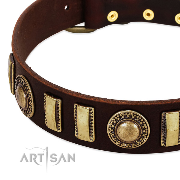 Gentle to touch full grain leather dog collar with corrosion resistant hardware