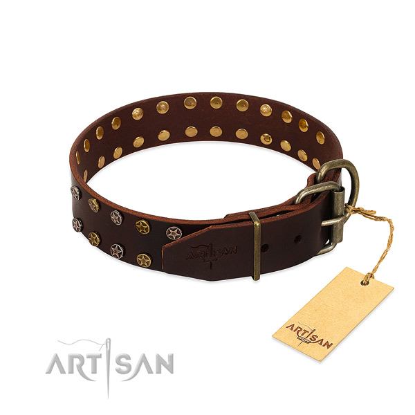 Comfy wearing full grain natural leather dog collar with amazing adornments