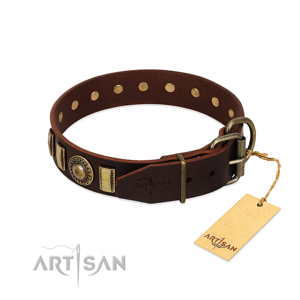 Durable full grain genuine leather dog collar with adornments