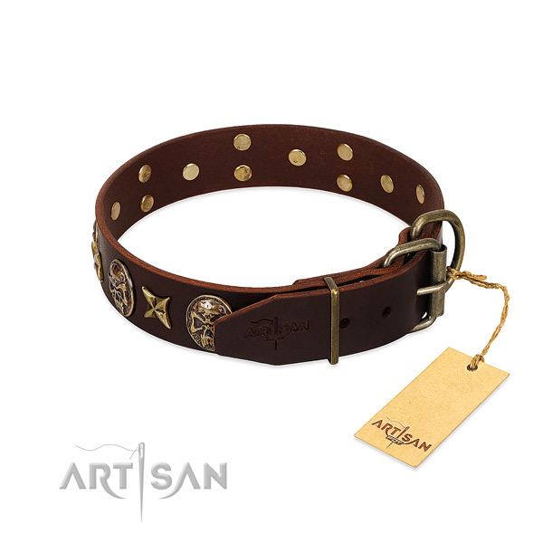 Rust resistant embellishments on full grain natural leather dog collar for your four-legged friend