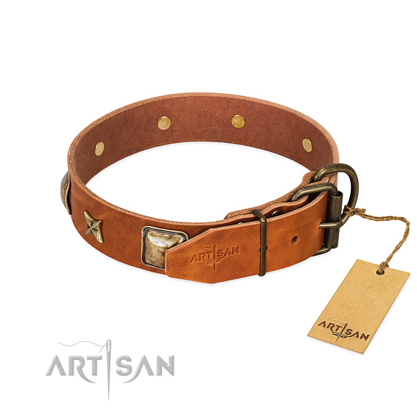 Full grain genuine leather dog collar with corrosion resistant traditional buckle and studs