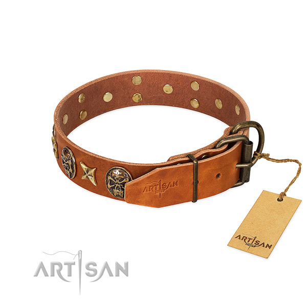 Full grain natural leather dog collar with rust-proof D-ring and studs