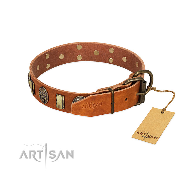 Full grain genuine leather dog collar with rust-proof traditional buckle and adornments