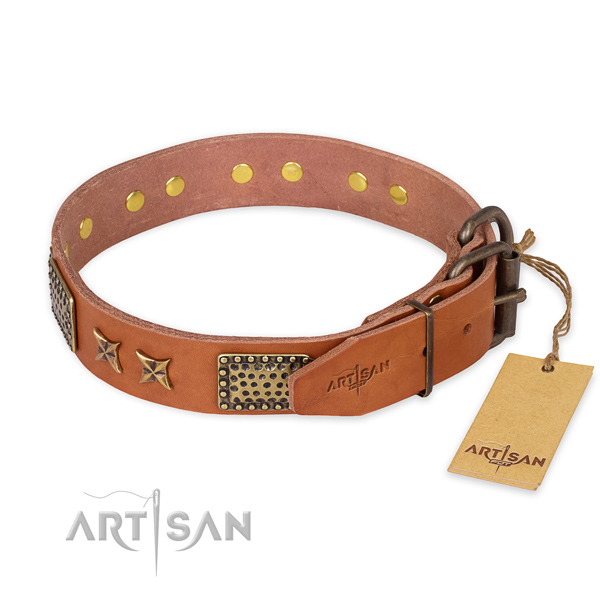 Everyday use natural genuine leather collar with decorations for your doggie