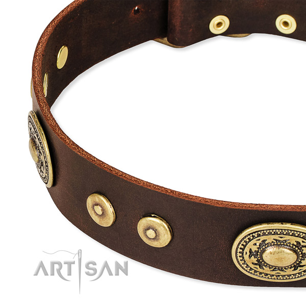 Quick to fasten leather dog collar with resistant rust-proof buckle