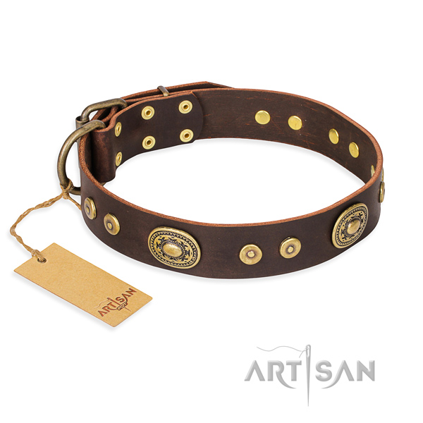 Durable leather dog collar with non-corrosive details